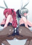  2girls absurdres alternate_costume animal_ears areola_slip ass ass-to-ass baobhan_sith_(fate) black_leotard blush breasts fake_animal_ears fate/grand_order fate_(series) feet_out_of_frame fishnet_pantyhose fishnets grey_hair heart highres large_breasts leotard long_hair looking_at_viewer morgan_le_fay_(fate) multiple_girls nipple_slip nipples pantyhose playboy_bunny pointy_ears ponytail rabbit_ears red_hair satou_(kuso-neet) 