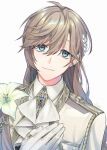  1boy aiguillette ascot blue_eyes brooch brown_hair chon_chiyon collared_shirt corsage ear_chain earclip earrings flower gloves hair_between_eyes hair_ornament hand_on_own_chest highres jacket jewelry kanae_(nijisanji) leaf_hair_ornament lily_(flower) long_hair long_sleeves looking_at_viewer male_focus mole mole_under_eye nijisanji official_alternate_costume shirt simple_background smile solo stud_earrings thumb_ring upper_body virtual_youtuber white_ascot white_background white_flower white_gloves white_jacket white_shirt 