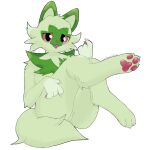  2022 female fur generation_9_pokemon green_body green_fur half-closed_eyes hi_res looking_at_viewer narrowed_eyes nintendo pawpads pink_pawpads pokemon pokemon_(species) red_eyes saoannualwhale signature sitting solo sprigatito 