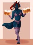  absurd_res alcohol anthro beer beverage black_nose blue_body blue_fur bra breasts canid canine cleavage clothed clothing female fox fur gloves hair handwear heterochromia hi_res inukuroo jenny_(gavin) legwear lingerie mammal panties red_hair solo stockings tail underwear 