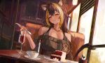  1girl ^_^ animal_ears bare_shoulders black_shirt blush booth_seating breasts cake cake_slice candle cat_ears cat_tail closed_eyes coffee cup drinking_glass dutch_angle eating fire flame food food_on_face highres holding holding_utensil indoors jewelry long_hair mug multicolored_hair naokomama necklace nekoyo_chloe shirt smile solo spoon tail wine_glass 