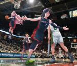  2boys 5girls absurdres american_flag arm_warmers audience ball basketball_(object) basketball_court basketball_hoop basketball_jersey black_hair blonde_hair brown_eyes chainsaw_man cosplay crossover denji_(chainsaw_man) dwyane_wade english_commentary grin hair_ornament hairclip higashiyama_kobeni highres himeno_(chainsaw_man) holding holding_ball horns indoors jumping kanpaithighs katana katana_man_(chainsaw_man) knee_pads lebron_james long_hair looking_up makima_(chainsaw_man) meme miami_heat miller_lite milwaukee_bucks mole mole_under_mouth multiple_boys multiple_girls name_connection national_basketball_association nike number_print open_mouth outstretched_arms parted_lips people photo-referenced photo_background pink_hair playing_sports pochita_(chainsaw_man) power_(chainsaw_man) real_life red_eyes red_hair referee reflective_floor running sawatari_akane_(chainsaw_man) shoes short_hair short_ponytail single_arm_warmer single_knee_pad slam_dunk_(basketball) smile sneakers sportswear stadium sword weapon wristband 