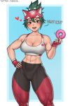  1girl abs animal_ears blue_background breasts cat_ears cheekie cleavage doughnut english_text fingerless_gloves food gloves green_hair heart kiriko_(overwatch) large_breasts looking_at_viewer muscular muscular_female orange_eyes overwatch ponytail solo thick_thighs thighs toned 