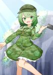  1girl :d blue_sky breasts commentary_request feet_out_of_frame frilled_skirt frills green_eyes green_hair green_shirt green_skirt hekkmushi highres key large_breasts light_rays long_sleeves looking_at_viewer open_mouth outdoors pocket shirt short_hair skirt sky smile solo touhou yamashiro_takane 