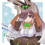  1girl animal_ears blue_background bow bowtie brown_eyes brown_hair da_(bobafett) dress elbow_gloves european_hare_(kemono_friends) extra_ears gloves grey_hair hair_over_one_eye kemono_friends long_hair looking_at_viewer rabbit_ears rabbit_girl rabbit_tail ribbon simple_background skirt solo tail 