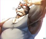  absurd_res anthro armpit_hair belly bodily_fluids body_hair clothing eyebrows eyewear hi_res lifewonders live_a_hero male mammal musclegut pecs procyonid raccoon raised_arm seikeikei2015 shirt solo sunglasses sweat tank_top thick_eyebrows tired topwear viscunam whiskers 