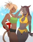  2girls animal_ears armlet artist_name ball bikini black_shorts blonde_hair breasts brown_hair cat_ears cat_tail cleavage commission dark-skinned_female dark_skin earrings facial_mark final_fantasy final_fantasy_xiv highres holding holding_ball jewelry koyorin looking_at_viewer m&#039;naago medium_breasts miqo&#039;te mole mole_under_mouth multicolored_hair multiple_girls necklace one_eye_closed orange_eyes scar scar_across_eye scar_on_cheek scar_on_face short_hair shorts sports_bra swimsuit tail two-tone_hair warrior_of_light_(ff14) whisker_markings yellow_bikini yellow_eyes 