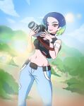  1girl :d black_vest blue_hair brown_eyes camera cloud commentary_request day hands_up highres holding holding_camera midriff navel off-shoulder_shirt off_shoulder open_mouth outdoors pants perrin_(pokemon) pokemon pokemon_(game) pokemon_sv satosu_(uchr2228) shirt sky smile solo standing sun teeth upper_teeth_only vest watch white_shirt wristwatch 