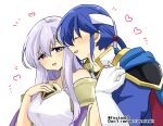  1boy 1girl bare_shoulders blue_cape breasts brother_and_sister cape circlet closed_eyes dress fire_emblem fire_emblem:_genealogy_of_the_holy_war headband holding holding_hands implied_incest incest julia_(fire_emblem) long_hair open_mouth ponytail purple_eyes purple_hair seliph_(fire_emblem) siblings simple_background white_headband yukia_(firstaid0) 