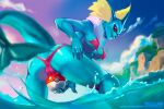  anthro artist_villllain big_tail breast_squish breasts clothing eeveelution female generation_1_pokemon genitals island masturbation nintendo pokeball pokeball_sex_toy pokemon pokemon_(species) pussy sex_toy sky solo squish swimwear tail vaporeon villllain water 