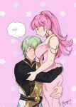  1boy 1girl absurdres alternate_costume artist_name breasts cleavage earrings enlightened_byleth_(male) fire_emblem fire_emblem:_three_houses from_side green_eyes hetero highres hilda_(pokemon) hoop_earrings hug jewelry large_breasts long_hair looking_at_another pink_background pink_eyes pink_hair snort tamafry tearing_up thought_bubble twintails 
