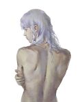  1boy aizheajsee androgynous berserk blood blood_on_arm completely_nude cuts grey_hair griffith_(berserk) hand_on_own_arm hand_up highres injury long_hair looking_to_the_side median_furrow nude photo-referenced profile scratches shoulder_blades simple_background solo wavy_hair white_background 