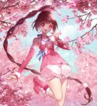  1girl bloomers blue_sky braid braided_ponytail breasts brown_hair cherry_blossoms cloud detached_sleeves douluo_dalu dress falling_petals hair_tie leg_up long_hair petals pink_dress pink_eyes pink_footwear sky small_breasts solo tongue tongue_out underwear vienyelisha xiao_wu_(douluo_dalu) 