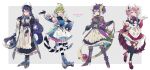  4girls absurdres ahoge apron arm_up belt blue_eyes blue_hair boots bracelet_girls bridal_gauntlets cosplay crystal_wing_synchro_dragon crystal_wing_synchro_dragon_(cosplay) dark_rebellion_xyz_dragon dark_rebellion_xyz_dragon_(cosplay) detached_sleeves dragon_horns dragon_tail dress elbow_gloves frilled_apron frilled_dress frills full_body gloves gradient_hair green_eyes green_hair hand_on_own_hip hand_up heterochromia high_heels highres hiiragi_yuzu holding holding_whip horns juliet_sleeves kurosaki_ruri long_hair long_sleeves maid_apron maid_headdress multicolored_eyes multicolored_hair multiple_girls odd-eyes_pendulum_dragon odd-eyes_pendulum_dragon_(cosplay) open_mouth pink_hair puffy_sleeves purple_eyes purple_gloves purple_hair red_eyes rin_(yu-gi-oh!) roller_skates serena_(yu-gi-oh!) simple_background skates starving_venom_fusion_dragon starving_venom_fusion_dragon_(cosplay) striped striped_tail striped_thighhighs tail tasutekete thigh_boots thighhighs twintails white_background wide_sleeves yellow_eyes yu-gi-oh! yu-gi-oh!_arc-v 