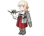  1girl aged_down blonde_hair blue_eyes blunt_bangs commentary_request dougi flight_deck hair_ornament hakama japanese_clothes ju_87 kantai_collection long_hair looking_at_viewer porusasu red_hakama shin&#039;you_(kancolle) simple_background solo standing white_background 