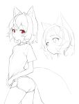  1girl absurdres animal_ear_fluff animal_ears blush breasts chestnut_mouth cowboy_shot crossed_bangs ellu fox_ears fox_girl fox_tail greyscale highres looking_at_viewer looking_back monochrome multiple_views original red_eyes shirt short_hair short_shorts short_sleeves shorts sideways_glance sketch small_breasts spot_color t-shirt tail 