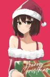  1girl bare_shoulders blurry blurry_foreground blush bob_cut box brown_hair christmas closed_mouth commentary dress english_commentary english_text fur-trimmed_dress fur-trimmed_headwear fur_trim gift gift_box giving green_eyes hair_between_eyes hair_ornament hat highres holding holding_gift incoming_gift kono_bijutsubu_niwa_mondai_ga_aru! long_sleeves looking_at_viewer merry_christmas mixed-language_commentary off-shoulder_dress off_shoulder rabbit_hair_ornament raised_eyebrows red_background red_dress red_headwear red_ribbon ribbon santa_costume santa_hat short_hair simple_background solo ulette upper_body usami_mizuki 