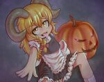  1boy apron black_skirt black_vest blonde_hair blush bow braid brown_horns buttons commentary_request cookie_(touhou) drddrddo feet_out_of_frame frilled_apron frilled_skirt frills genderswap genderswap_(ftm) hair_between_eyes hair_bow horns jack-o&#039;-lantern kirisame_marisa long_bangs long_hair looking_at_viewer male_focus no_headwear open_mouth otoko_no_ko puffy_short_sleeves puffy_sleeves pumpkin rei_(cookie) sheep_horns shirt short_sleeves side_braid single_braid sitting skirt skirt_set smile solo tongue tongue_out touhou vest waist_apron white_apron white_shirt yellow_eyes 