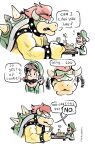  bowser collar comic dating duo english_text eye_contact flyingrotten food hi_res horn human humor koopa looking_at_another luigi male male/male mammal mario_bros meatball nintendo pasta scalie shell size_difference spaghetti spiked_collar spiked_shell spikes spikes_(anatomy) text 
