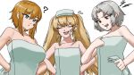  3girls :3 ? absurdres bandaid bandaid_on_cheek bandaid_on_face bare_shoulders blonde_hair blue_eyes breasts cleavage closed_eyes closed_mouth collarbone commentary_request drake_(nikke) fang flying_sweatdrops goddess_of_victory:_nikke grey_hair hair_between_eyes hands_on_own_hips highres holding holding_towel laplace_(nikke) large_breasts long_hair matis_(nikke) maxwell_(nikke) multiple_girls naked_towel o_o_k_i_n_a open_mouth parted_bangs red_eyes short_hair short_hair_with_long_locks sidelocks simple_background small_breasts smile standing teeth thick_eyebrows towel twintails upper_body upper_teeth_only white_background 