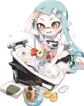  1girl :d absurdres arm_up bar_soap bath bathing black_shorts bloblobber_(splatoon) blue_footwear blue_hair blue_tongue blush bottle bubble bubble_bath colored_tongue commentary_request eyebrow_cut hair_ornament hairclip highres ika_esu inkling inkling_girl knee_up kneeling long_hair open_mouth pointy_ears rubber_duck salmonid sandals shampoo_bottle shirt short_eyebrows short_shorts short_sleeves shorts sidelocks simple_background smallfry_(splatoon) smile soap_bottle splatoon_(series) t-shirt tentacle_hair tied_shirt toes tongue towel v-shaped_eyebrows very_long_hair washbowl white_background white_shirt yellow_eyes 