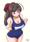  1girl akashieru alternate_costume breasts brown_hair hair_ribbon highres kantai_collection large_breasts long_hair mamiya_(kancolle) pink_eyes ponytail ribbon swimsuit 