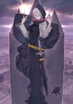  1girl cloud dress fate/grand_order fate_(series) glasses grey_eyes hood hoodie jacques_de_molay_(foreigner)_(fate) kuroboshi_kouhaku looking_at_viewer official_art shield short_hair sword town weapon white_hair 