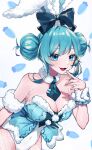  1girl animal_ears aqua_leotard bare_shoulders bicute_bunnies_miku black_bow blue_eyes blush bow breasts cleavage double_bun doughnut_hair_bun ear_bow ear_ribbon fishnet_pantyhose fishnets fur-trimmed_leotard fur-trimmed_vest fur_armlet fur_collar fur_cuffs hair_bun hatsune_miku highres large_breasts leotard looking_at_viewer necktie open_mouth pantyhose playboy_bunny rabbit_ears short_necktie smile solo soramame_pikuto standing strapless strapless_leotard tied_ears vocaloid 