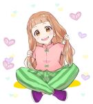  1girl blush brown_eyes brown_hair commentary_request full_body green_pants heart holding holding_hair ichihara_nina idolmaster idolmaster_cinderella_girls indian_style koichi_makoto long_hair looking_at_viewer open_mouth pants pink_shirt purple_footwear shirt short_sleeves sitting sketch smile solo striped striped_pants teeth tongue tongue_out vertical-striped_pants vertical_stripes 