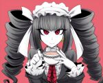  1girl black_hair black_jacket blunt_bangs bonnet celestia_ludenberg claw_ring closed_mouth colored_skin commentary_request cup danganronpa:_trigger_happy_havoc danganronpa_(series) drill_hair earrings fingernails frills gothic_lolita grey_nails highres holding holding_cup jacket jewelry kobayashi_tetsuya lolita_fashion long_hair long_sleeves looking_at_viewer nail_polish necktie red_background red_eyes red_necktie ringed_eyes shirt simple_background smile solo straight_hair teacup twin_drills twintails upper_body white_shirt white_skin 
