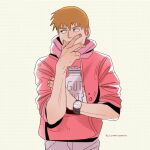  1boy artist_name black_eyes blonde_hair commentary english_commentary gatoiberico hand_on_own_arm hand_on_own_face highres hood hood_down hoodie looking_to_the_side male_focus mob_psycho_100 print_hoodie red_hoodie reigen_arataka salt_shaker short_hair simple_background solo watch wristwatch 