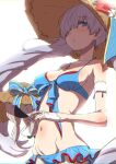  1girl anastasia_(fate) bare_shoulders bikini blue_bikini blue_eyes blush breasts clearite cleavage collarbone cosplay doll fate/grand_order fate_(series) flower hair_over_one_eye hat hat_flower jewelry long_hair looking_at_viewer marie_antoinette_(fate) marie_antoinette_(swimsuit_caster)_(fate) marie_antoinette_(swimsuit_caster)_(fate)_(cosplay) marie_antoinette_(swimsuit_caster)_(third_ascension)_(fate) medium_breasts navel necklace sarong straw_hat swimsuit very_long_hair viy_(fate) white_hair 