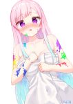  1girl absurdres airani_iofifteen blush breasts hair_down highres hololive hololive_indonesia long_hair naked_towel paint_on_body pink_hair purple_eyes signature solo towel virtual_youtuber white_background 