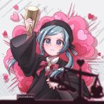  1girl aqua_eyes balance_scale black_headwear black_robe blouse blurry blurry_foreground blush cloche_hat collared_shirt explosion frown gavel hammer hat hat_ribbon hatsune_miku heart heart-shaped_pupils holding holding_hammer holding_mallet judge long_hair long_sleeves low_twintails mallet marininho ren&#039;ai_saiban_(vocaloid) ribbon robe shirt silhouette solo spring_onion swept_bangs symbol-shaped_pupils twintails twitter_username vocaloid weighing_scale white_shirt wide_sleeves 