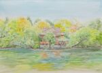  blue_sky building bush commentary_request highres lake miyuchan777 no_humans original painting_(medium) plant reflection reflective_water river scenery shrine signature sky traditional_media tree water watercolor_(medium) 