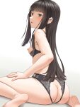  1girl ass backless_panties barefoot black_bra black_hair black_panties blunt_bangs bra breasts brown_eyes from_behind gradient_background grey_background highres long_hair looking_at_viewer meow_(nekodenki) nipples open_mouth original panties small_breasts soles solo underwear underwear_only 