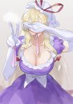  1girl absurdres arm_up blonde_hair blurry breasts cleavage condom covering_face depth_of_field dress elbow_gloves gloves grey_background gunnjou_yosio hand_up hat highres holding holding_condom large_breasts leaning_forward long_hair mob_cap mouth_hold purple_dress simple_background solo touhou used_condom v very_long_hair white_gloves yakumo_yukari 