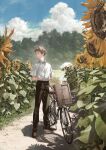  1boy absurdres bag bicycle black_pants blue_sky brown_hair collared_shirt day field flower flower_field forest full_body handkerchief highres holding_handkerchief kento_matsuura loafers nature original outdoors pants profile scenery school_bag shirt shoes short_hair sky solo sunflower sunflower_field tree white_shirt 
