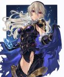  1girl abinosu0903 armor ascot black_leotard breasts cape cleavage corrin_(female)_(fire_emblem) corrin_(fire_emblem) fire_emblem fire_emblem_fates fire_emblem_heroes gauntlets gloves hair_between_eyes hairband highres leotard long_hair looking_at_viewer official_alternate_costume official_art pointy_ears red_eyes shoulder_armor simple_background smile solo thighhighs thighs white_hair 
