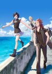  1girl 3boys axel_(kingdom_hearts) bare_arms bare_shoulders black_footwear black_hair black_pants black_shirt blonde_hair blue_eyes blue_hair blue_sky boots breasts closed_eyes food frilled_sleeves frills full_body hair_slicked_back hand_in_own_hair hands_in_pockets highres holding holding_food holding_ice_cream ice_cream jacket kingdom_hearts kingdom_hearts_iii long_hair medium_breasts mukashino multiple_boys ocean open_mouth outdoors outstretched_arms pants pleated_skirt red_hair roxas saix shirt short_eyebrows short_hair short_sleeves sideburns skirt sky sleeves_rolled_up smile spiked_hair white_jacket white_pants white_skirt xion_(kingdom_hearts) 
