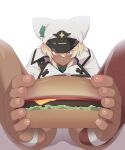  1girl barefoot blonde_hair blush burger close-up dark_skin feet food foot_focus foreshortening guilty_gear guilty_gear_strive hat highres looking_at_viewer maidforge ramlethal_valentine simple_background simulated_footjob solo tan toe_scrunch toeless_legwear toenails toes white_background 