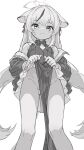  1girl animal_ears ass_visible_through_thighs blue_archive breasts china_dress chinese_clothes dress from_below greyscale hair_between_eyes halo highres kokona_(blue_archive) long_hair matcha_(mattyan) monochrome sidelocks small_breasts twintails 