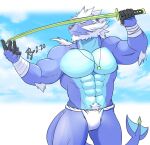  abs anthro arm_tuft asian_clothing beard biceps bottomwear clothed clothing east_asian_clothing elbow_tuft facial_hair fundoshi fundoshi_only fur generation_5_pokemon hair hi_res japanese_clothing lofnirv male melee_weapon muscular muscular_anthro muscular_male nintendo pecs pokemon pokemon_(species) pubes pubes_exposed samurott solo sword tail topless tuft underwear underwear_only weapon 