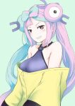  1girl alternate_breast_size armpit_crease bare_shoulders blue_hair breasts character_hair_ornament commentary culter green_background grin hair_ornament halterneck iono_(pokemon) large_breasts long_hair magnemite multicolored_hair off-shoulder_jacket off_shoulder pink_eyes pink_hair pokemon pokemon_(game) pokemon_sv sharp_teeth smile solo split-color_hair teeth twintails two-tone_hair upper_body very_long_hair very_long_sleeves 