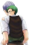  2boys aged_down asymmetrical_bangs carrying child collared_shirt from_behind frown glasses green_eyes green_hair green_shorts hikami_itaru himuro_reiichi kneehighs looking_to_the_side multiple_boys piggyback piyo purple_hair shirt short_sleeves shorts simple_background socks sulking sweater_vest tears tokimeki_memorial tokimeki_memorial_girl&#039;s_side tokimeki_memorial_girl&#039;s_side_2nd_kiss white_background white_shirt white_socks 