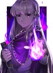  1girl blue_dress book braid cape cloak delsaber dress fire fire_emblem fire_emblem:_the_binding_blade french_braid highres holding holding_book long_hair long_sleeves looking_at_viewer purple_eyes purple_fire purple_hair simple_background solo sophia_(fire_emblem) very_long_hair white_background 