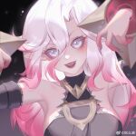  1girl :d absurdres artist_name bare_shoulders black_background breasts briar_(league_of_legends) detached_sleeves grey_background grey_eyes grey_hair grey_nails hair_between_eyes hands_up highres large_breasts league_of_legends long_hair looking_at_viewer multicolored_hair nail_polish pink_hair pointy_ears sharp_teeth smile snake_meow solo streaked_hair teeth upper_body upper_teeth_only vampire white_hair wrist_cuffs 