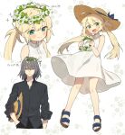  1boy 1girl :d ahoge artoria_caster_(fate) artoria_pendragon_(fate) black_pants blonde_hair collage cropped_arms cropped_legs double-parted_bangs dress fate/grand_order fate_(series) female_child flower_wreath green_eyes grey_hair grey_shirt hat kabutomushi_s light_blush long_hair looking_at_viewer medium_hair oberon_(fate) oberon_(third_ascension)_(fate) pants sandals shirt sidelocks simple_background smile sun_hat sundress twintails white_dress 