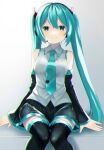  1girl blue_eyes blue_hair blush collared_shirt detached_sleeves hair_ornament hatsune_miku headphones headset long_hair long_sleeves looking_at_viewer necktie shirt sitting sleeveless sleeveless_shirt smile solo suiren_nei thighhighs twintails very_long_hair vocaloid 