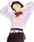  1boy adjusting_clothes adjusting_headwear alternate_costume arms_behind_head black_pants blonde_hair blue_eyes chest_hair cow_boy facial_hair hair_over_one_eye hat highres looking_at_viewer male_focus neckerchief nipples one_piece pants partially_unbuttoned pectorals sanji_(one_piece) shirt shirt_tucked_in short_hair sleeves_rolled_up smile solo sweetdou3 toned toned_male upper_body white_background white_shirt 